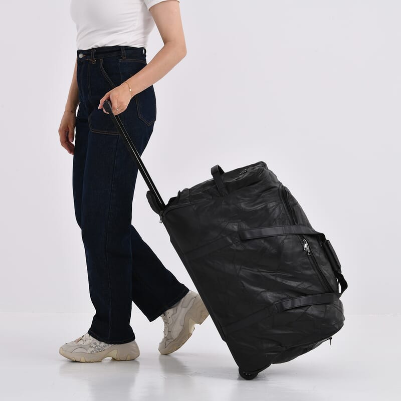 Black Patchwork Sheep Leather Travel Bag with Wheels