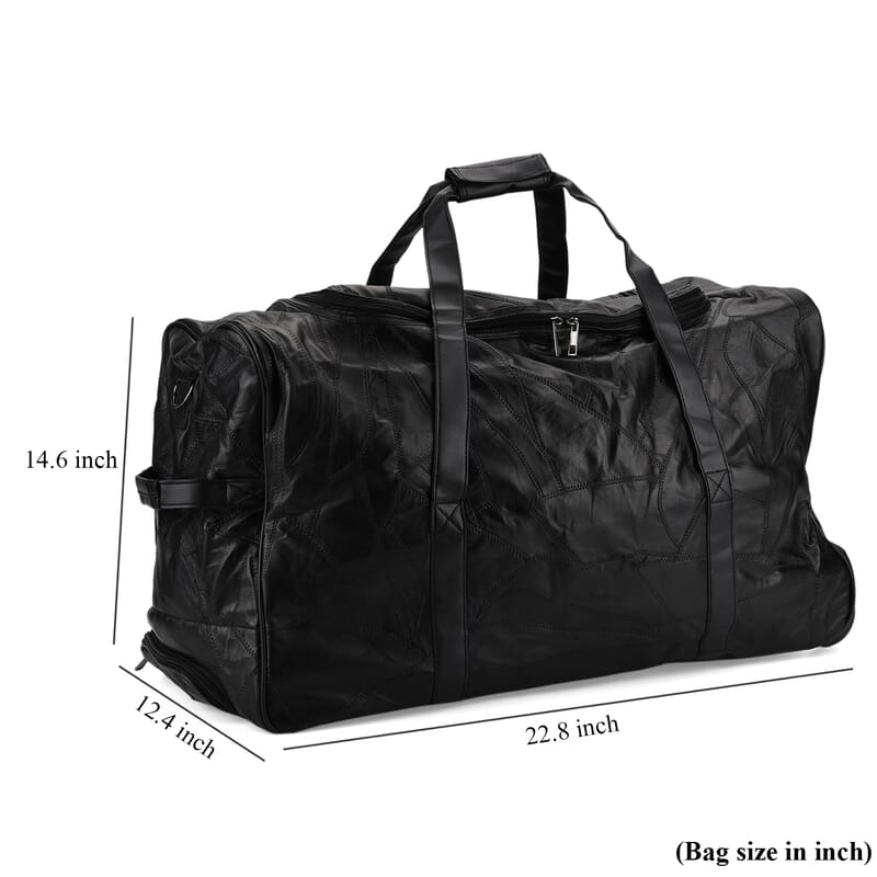 Black Patchwork Sheep Leather Travel Bag with Wheels