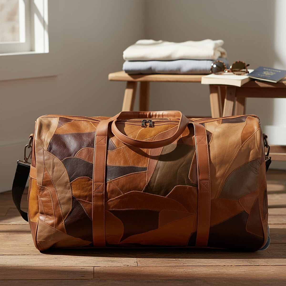 Multi Color Patchwork Sheep Leather Travel Bag with Wheels image number 1