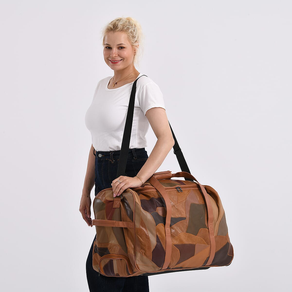 Multi Color Patchwork Sheep Leather Travel Bag with Wheels image number 2