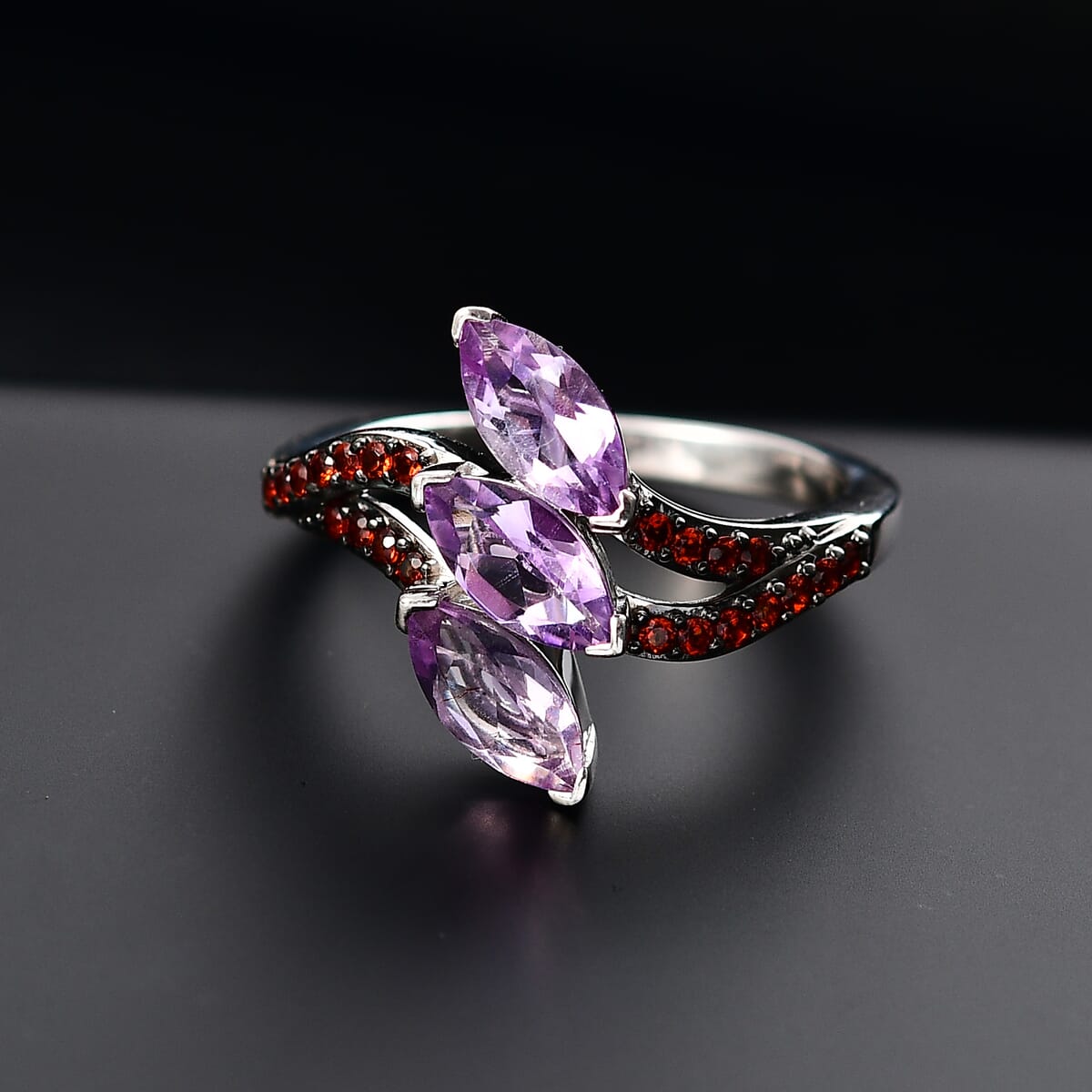 D'Joy Moroccan Rose and Mozambique Garnet 1.70 ctw Trinity Twilight Ring in Platinum Over Sterling Silver (Size 10.0) image number 1