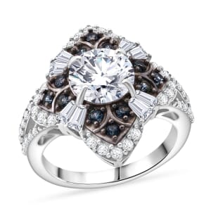 120 Faceted Moissanite and Madagascar Blue Sapphire 3.00 ctw Clover Leaf Ring in Rhodium Over Sterling Silver (Size 10.0)