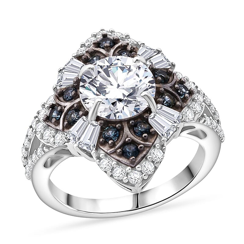 120 Faceted Moissanite and Madagascar Blue Sapphire 3.00 ctw Clover Leaf Ring in Rhodium Over Sterling Silver (Size 10.0)
