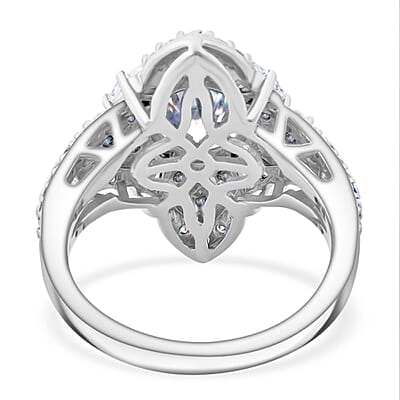 120 Faceted Moissanite and Madagascar Blue Sapphire 3.00 ctw Clover Leaf Ring in Rhodium Over Sterling Silver (Size 10.0)