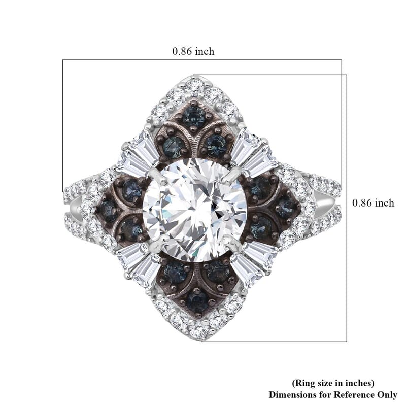 120 Faceted Moissanite and Madagascar Blue Sapphire 3.00 ctw Clover Leaf Ring in Rhodium Over Sterling Silver (Size 10.0)