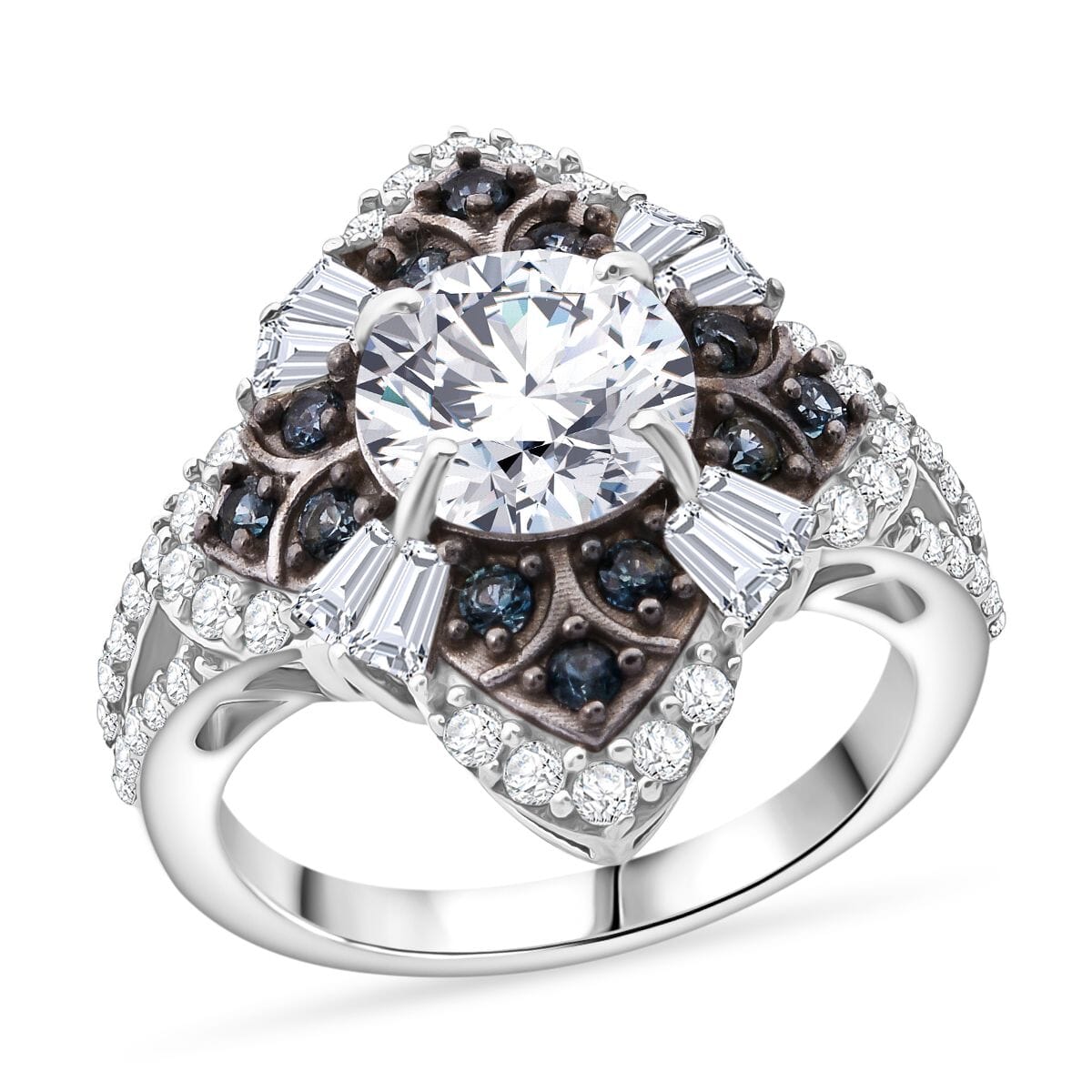 120 Faceted Moissanite and Madagascar Blue Sapphire 3.00 ctw Clover Leaf Ring in Rhodium Over Sterling Silver (Size 7.0) image number 0