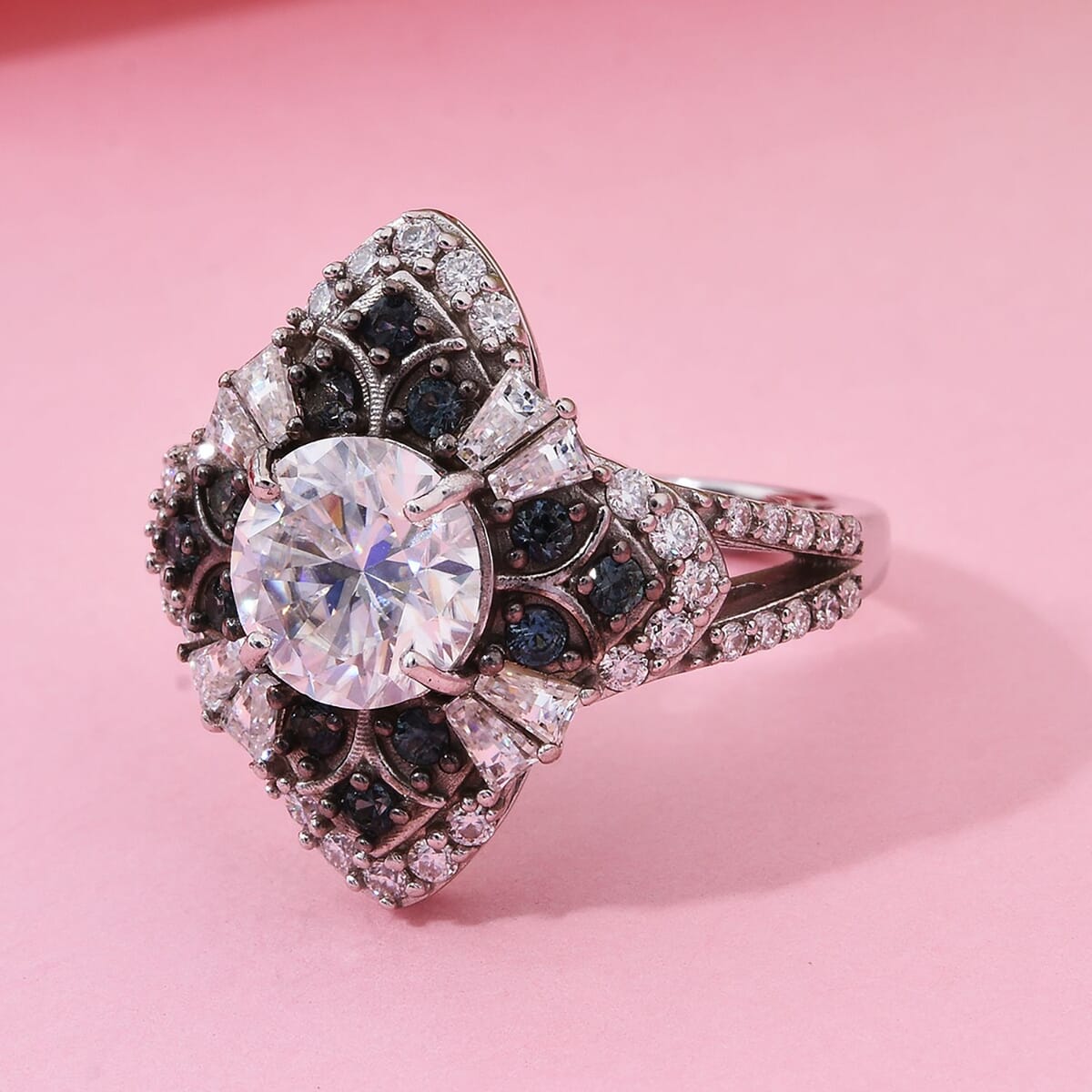 120 Faceted Moissanite and Madagascar Blue Sapphire 3.00 ctw Clover Leaf Ring in Rhodium Over Sterling Silver (Size 7.0) image number 1