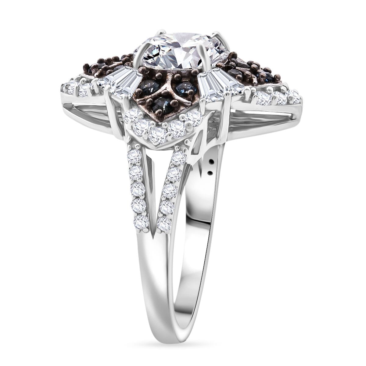 120 Faceted Moissanite and Madagascar Blue Sapphire 3.00 ctw Clover Leaf Ring in Rhodium Over Sterling Silver (Size 7.0) image number 3