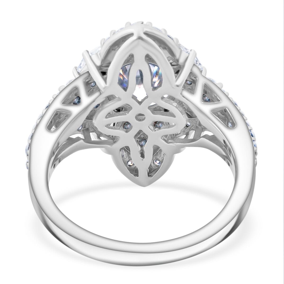 120 Faceted Moissanite and Madagascar Blue Sapphire 3.00 ctw Clover Leaf Ring in Rhodium Over Sterling Silver (Size 7.0) image number 4