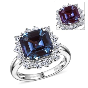 Certified & Appraised Luxuriant AAA Asscher Cut Lab Grown Alexandrite and E-F VS Lab Grown Diamond 7.04 ctw Ring in 10K White Gold (Size 10.0)