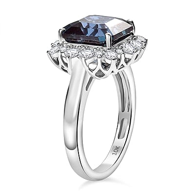 Certified & Appraised Luxuriant AAA Asscher Cut Lab Grown Alexandrite and E-F VS Lab Grown Diamond 7.04 ctw Ring in 10K White Gold (Size 10.0)