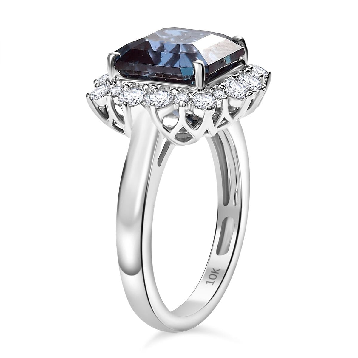 Certified & Appraised Luxuriant AAA Asscher Cut Lab Grown Alexandrite and E-F VS Lab Grown Diamond 7.04 ctw Ring in 10K White Gold (Size 8.0) image number 3