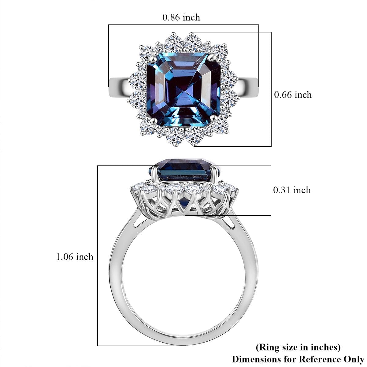 Certified & Appraised Luxuriant AAA Asscher Cut Lab Grown Alexandrite and E-F VS Lab Grown Diamond 7.04 ctw Ring in 10K White Gold (Size 8.0) image number 5