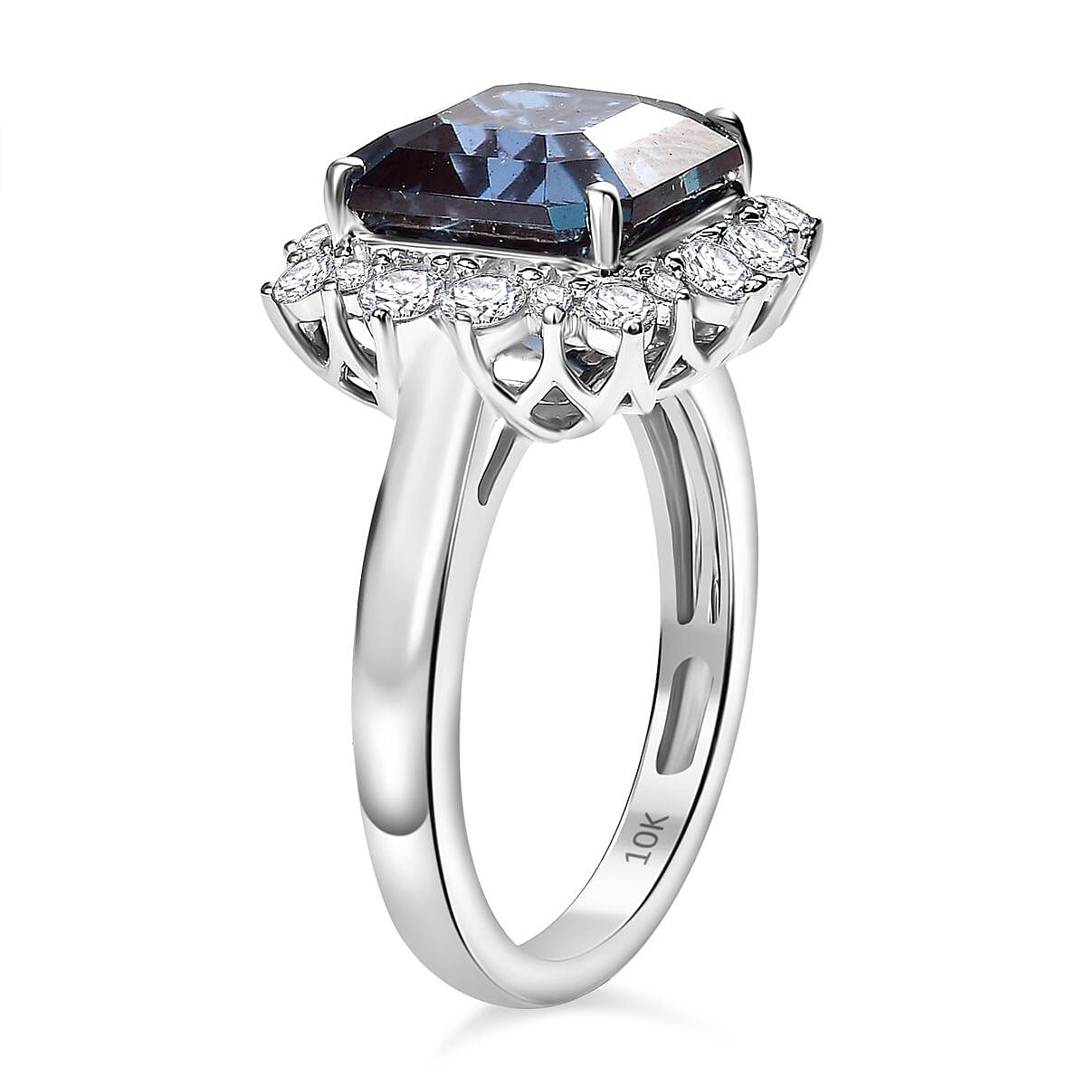 Certified & Appraised Luxuriant 10K White Gold AAA Asscher Cut Lab Grown Alexandrite, Lab Grown Diamond (E-F, VS) Ring (Size 10.0) 7.04 ctw image number 3