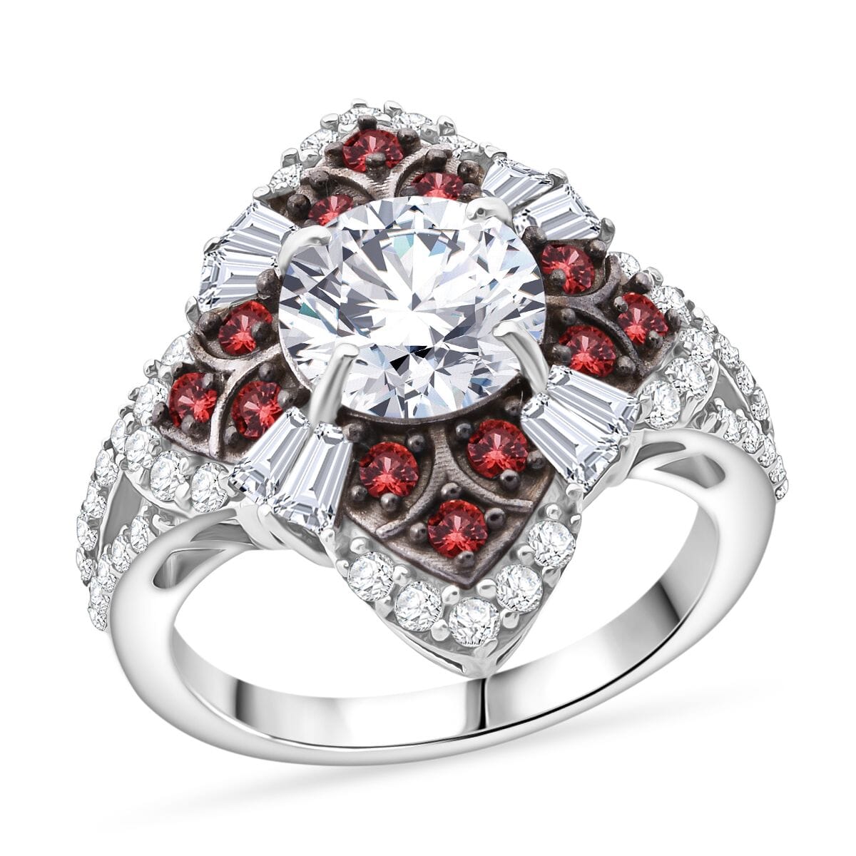 120 Faceted Moissanite and Madagascar Red Sapphire 3.00 ctw Leaf Clover Ring in Rhodium Over Sterling Silver (Size 10.0) image number 0