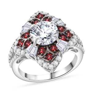 120 Faceted Moissanite and Madagascar Red Sapphire 3.00 ctw Leaf Clover Ring in Rhodium Over Sterling Silver (Size 10.0)