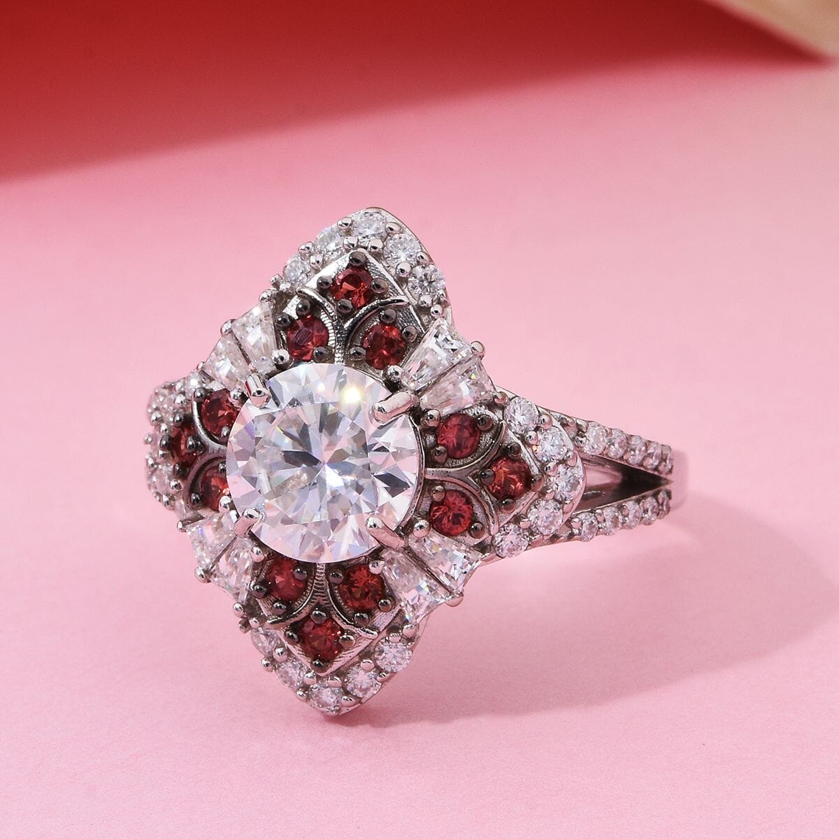 120 Faceted Moissanite and Madagascar Red Sapphire 3.00 ctw Leaf Clover Ring in Rhodium Over Sterling Silver (Size 10.0) image number 1