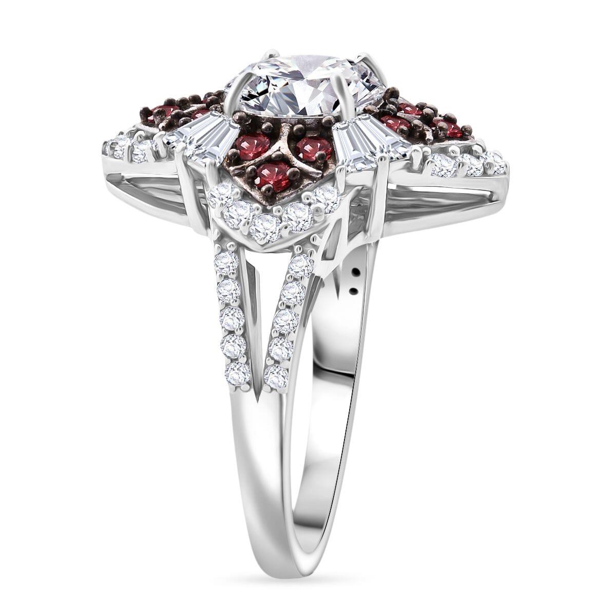 120 Faceted Moissanite and Madagascar Red Sapphire 3.00 ctw Leaf Clover Ring in Rhodium Over Sterling Silver (Size 10.0) image number 3