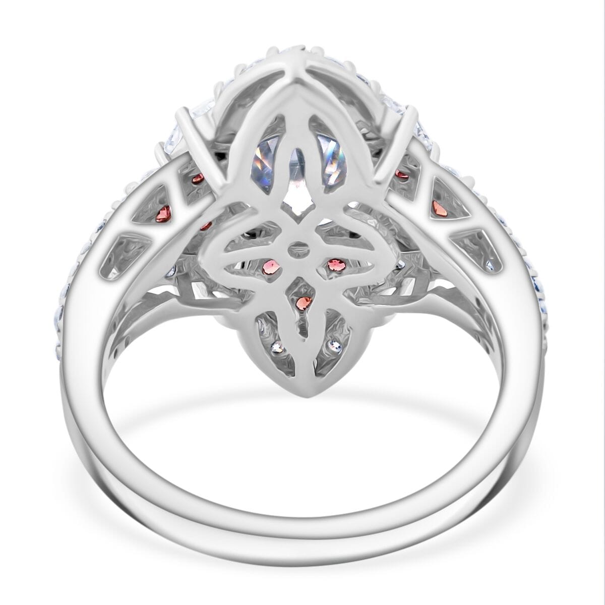 120 Faceted Moissanite and Madagascar Red Sapphire 3.00 ctw Leaf Clover Ring in Rhodium Over Sterling Silver (Size 10.0) image number 4