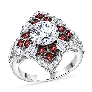 120 Faceted Moissanite and Madagascar Red Sapphire 3.00 ctw Leaf Clover Ring in Rhodium Over Sterling Silver (Size 9.0)