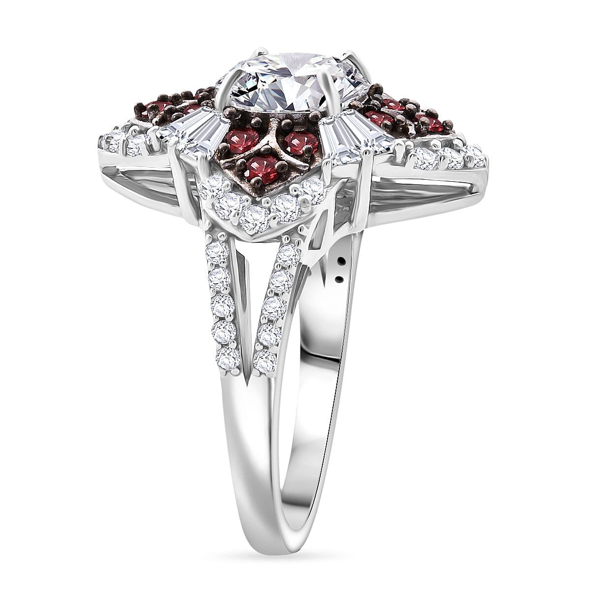 120 Faceted Moissanite and Madagascar Red Sapphire 3.00 ctw Leaf Clover Ring in Rhodium Over Sterling Silver (Size 9.0) image number 3