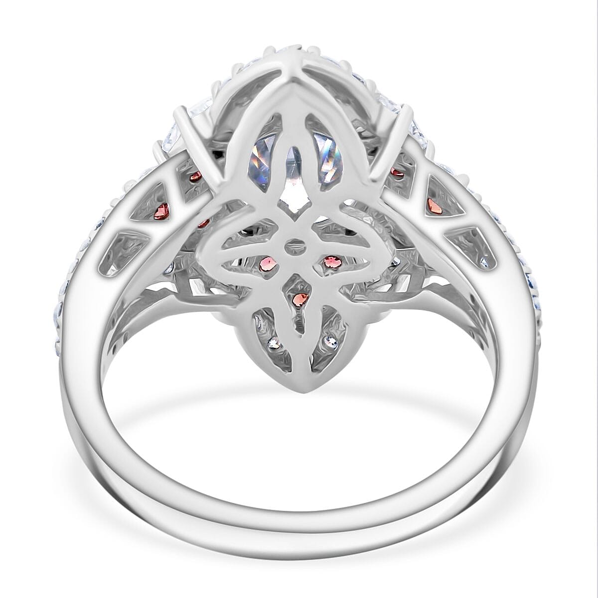 120 Faceted Moissanite and Madagascar Red Sapphire 3.00 ctw Leaf Clover Ring in Rhodium Over Sterling Silver (Size 9.0) image number 4