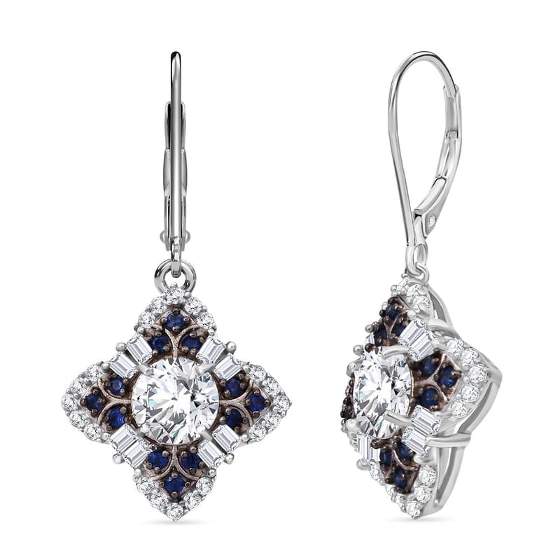 120 Faceted Moissanite and Madagascar Blue Sapphire 2.70 ctw Clover Leaf Earrings in Rhodium Over Sterling Silver