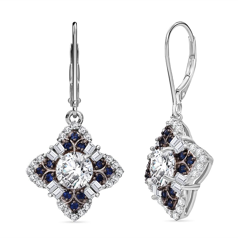120 Faceted Moissanite and Madagascar Blue Sapphire 2.70 ctw Clover Leaf Earrings in Rhodium Over Sterling Silver