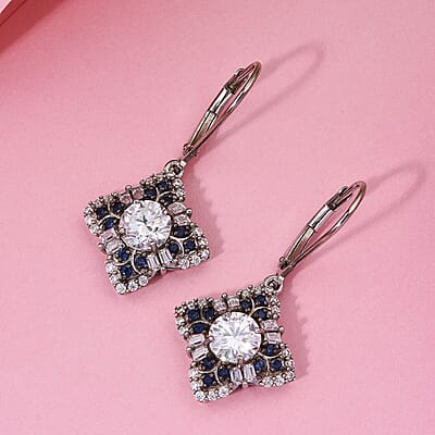 120 Faceted Moissanite and Madagascar Blue Sapphire 2.70 ctw Clover Leaf Earrings in Rhodium Over Sterling Silver