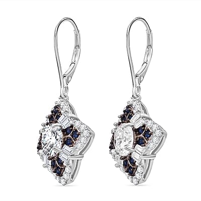 120 Faceted Moissanite and Madagascar Blue Sapphire 2.70 ctw Clover Leaf Earrings in Rhodium Over Sterling Silver