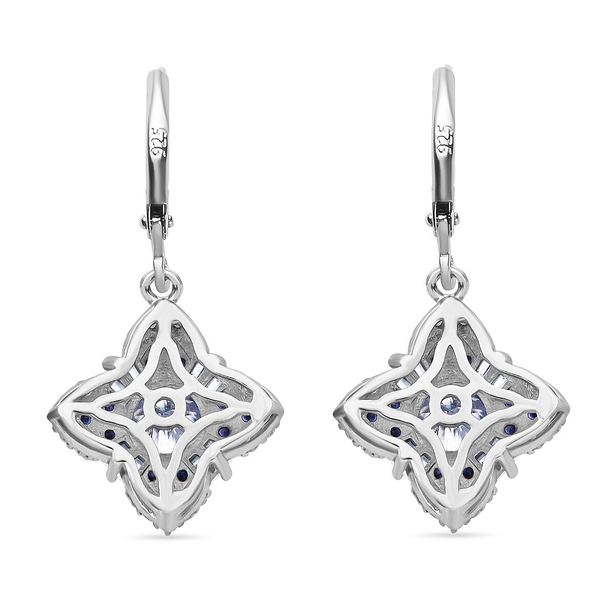 120 Faceted Moissanite and Madagascar Blue Sapphire 2.70 ctw Clover Leaf Earrings in Rhodium Over Sterling Silver