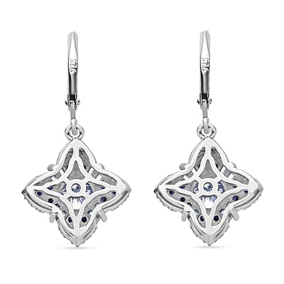 120 Faceted Moissanite and Madagascar Blue Sapphire 2.70 ctw Clover Leaf Earrings in Rhodium Over Sterling Silver