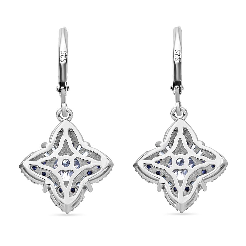 120 Faceted Moissanite and Madagascar Blue Sapphire 2.70 ctw Clover Leaf Earrings in Rhodium Over Sterling Silver