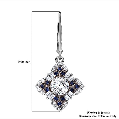 120 Faceted Moissanite and Madagascar Blue Sapphire 2.70 ctw Clover Leaf Earrings in Rhodium Over Sterling Silver