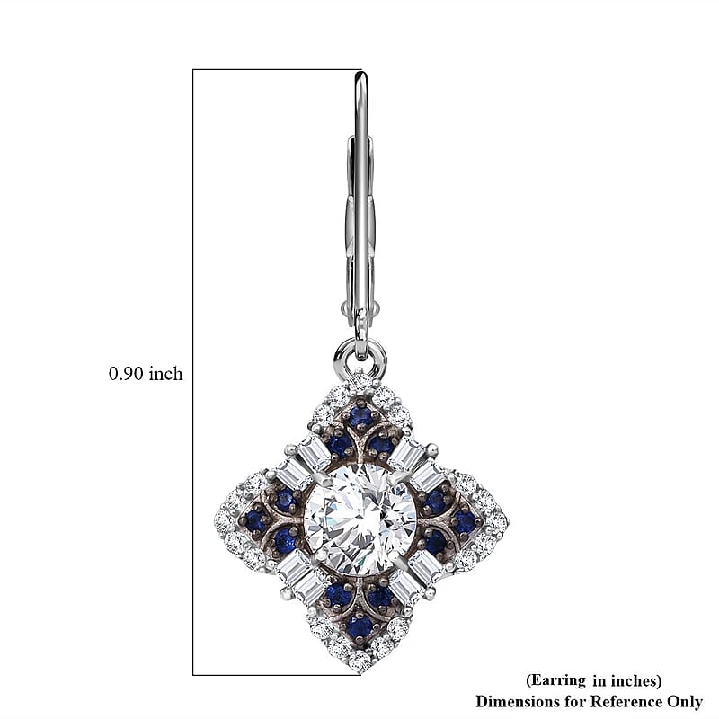 120 Faceted Moissanite and Madagascar Blue Sapphire 2.70 ctw Clover Leaf Earrings in Rhodium Over Sterling Silver