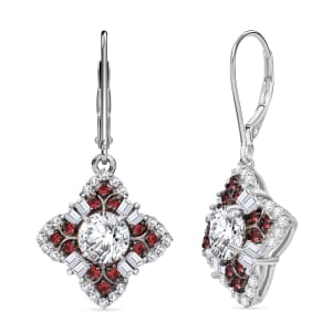 120 Faceted Moissanite and Madagascar Red Sapphire 2.70 ctw Leaf Clover Earrings in Rhodium Over Sterling Silver