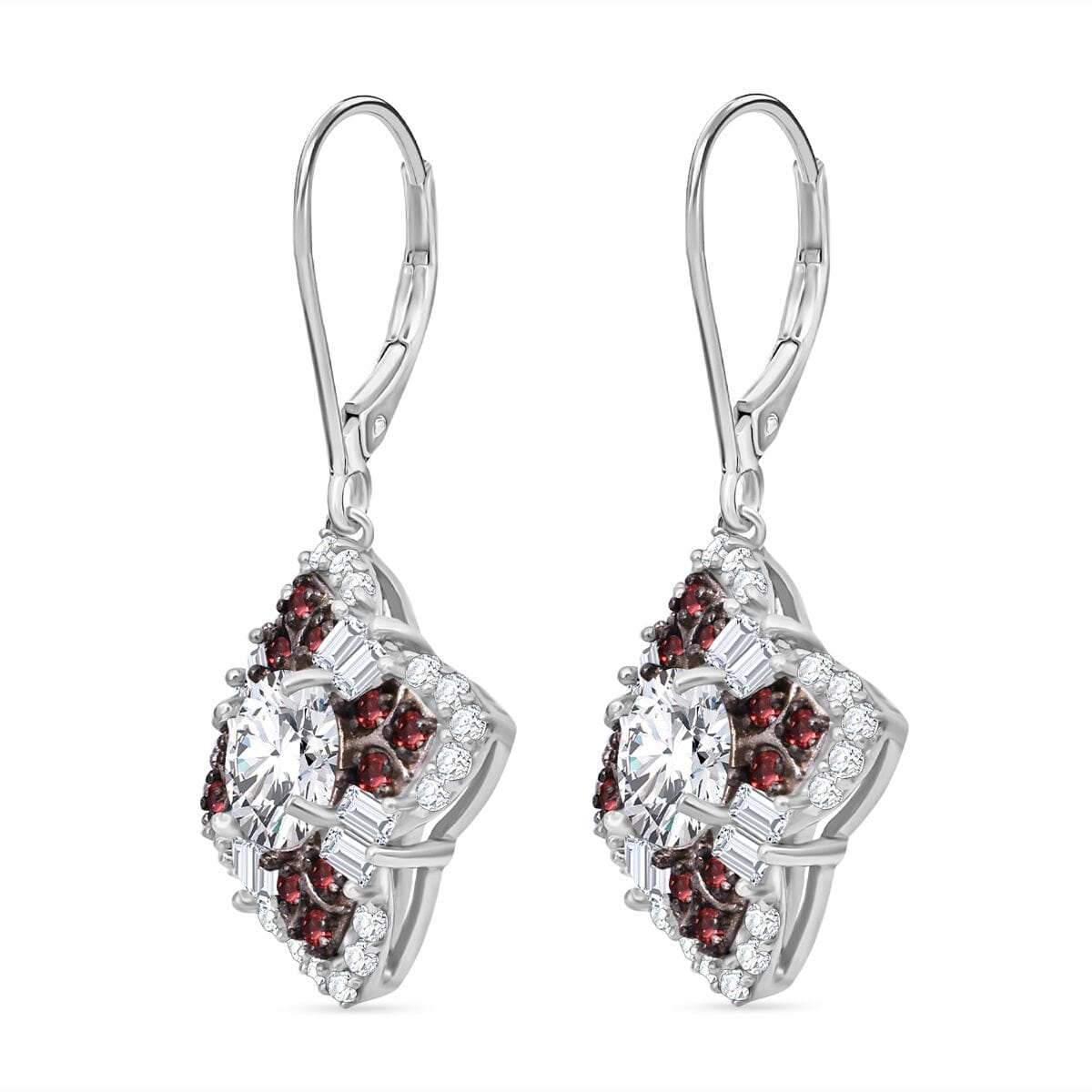 120 Faceted Moissanite and Madagascar Red Sapphire 2.70 ctw Leaf Clover Earrings in Rhodium Over Sterling Silver image number 3