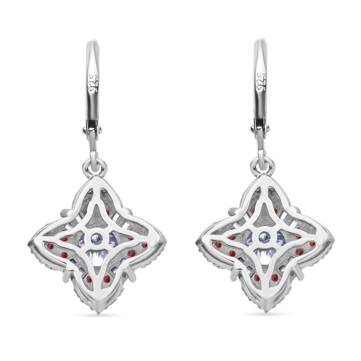 120 Faceted Moissanite and Madagascar Red Sapphire 2.70 ctw Leaf Clover Earrings in Rhodium Over Sterling Silver image number 4