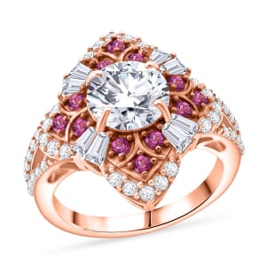 120 Faceted Moissanite and Madagascar Pink Sapphire 3.00 ctw Leaf Clover Ring in 18K Vermeil Rose Gold Over Sterling Silver (Size 10.0)