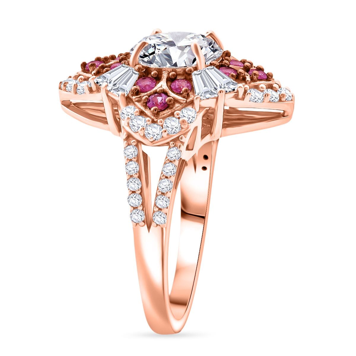 120 Faceted Moissanite and Madagascar Pink Sapphire 3.00 ctw Leaf Clover Ring in 18K Vermeil Rose Gold Over Sterling Silver (Size 10.0) image number 3