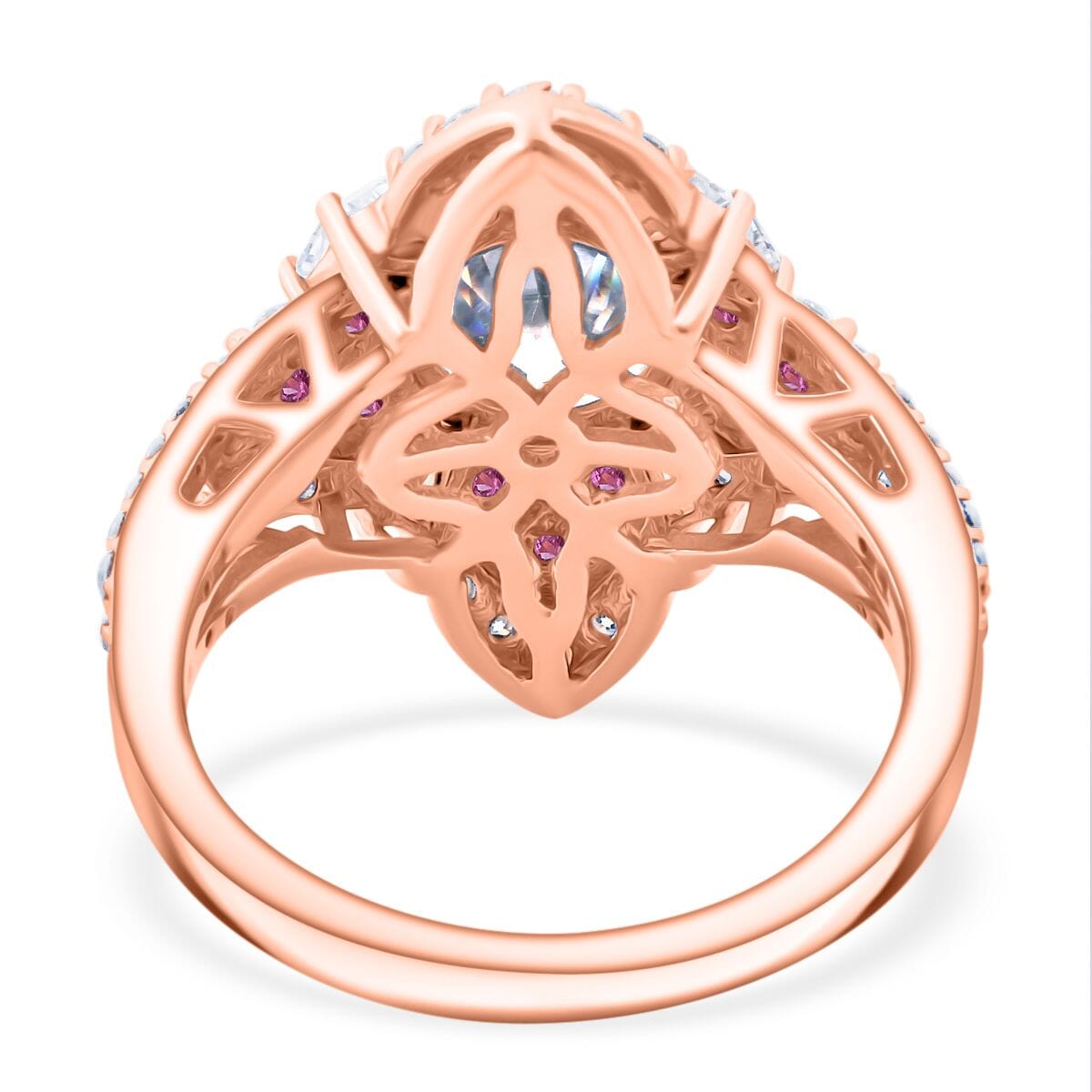 120 Faceted Moissanite and Madagascar Pink Sapphire 3.00 ctw Leaf Clover Ring in 18K Vermeil Rose Gold Over Sterling Silver (Size 10.0) image number 4