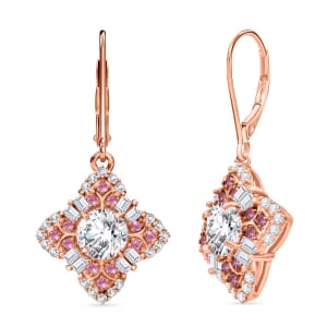 120 Faceted Moissanite and Madagascar Pink Sapphire 2.70 ctw Leaf Clover Earrings in 18K Vermeil Rose Gold Over Sterling Silver