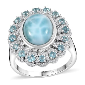 Larimar and Multi Gemstone 5.50 ctw Ocean Empress Ring in Rhodium Over Sterling Silver (Size 10.0)