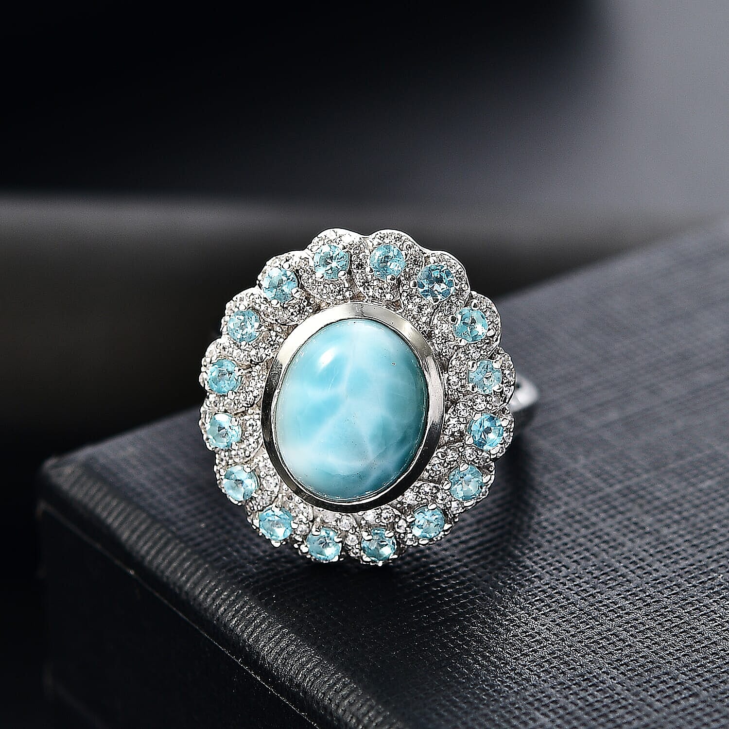 Larimar, Multi Gemstone Ring in Rhodium Over Sterling Silver (Size 10.0) 5.50 ctw