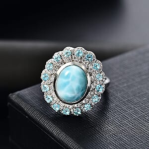 D'Joy Larimar and Multi Gemstone 5.50 ctw Ocean Empress Ring in Rhodium Over Sterling Silver (Size 7.0)