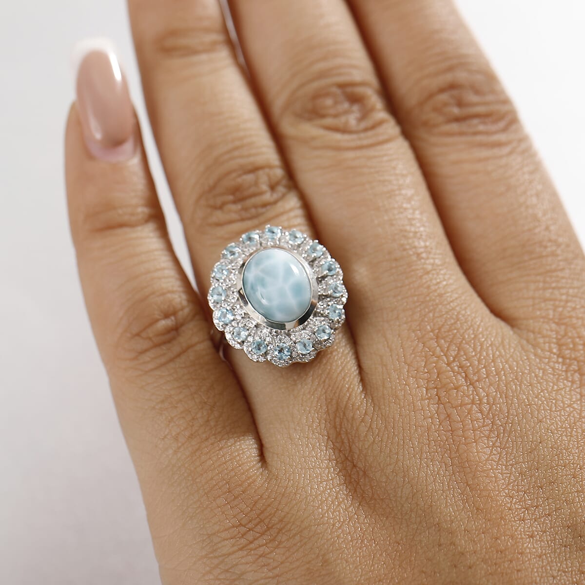 D'Joy Larimar and Multi Gemstone 5.50 ctw Ocean Empress Ring in Rhodium Over Sterling Silver (Size 7.0) image number 2