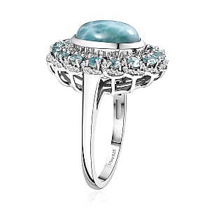 D'Joy Larimar and Multi Gemstone 5.50 ctw Ocean Empress Ring in Rhodium Over Sterling Silver (Size 7.0)