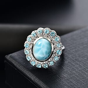 D'Joy Larimar and Multi Gemstone 5.50 ctw Ocean Empress Ring in Rhodium Over Sterling Silver (Size 9.0)