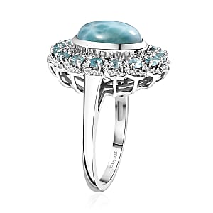 D'Joy Larimar and Multi Gemstone 5.50 ctw Ocean Empress Ring in Rhodium Over Sterling Silver (Size 9.0)