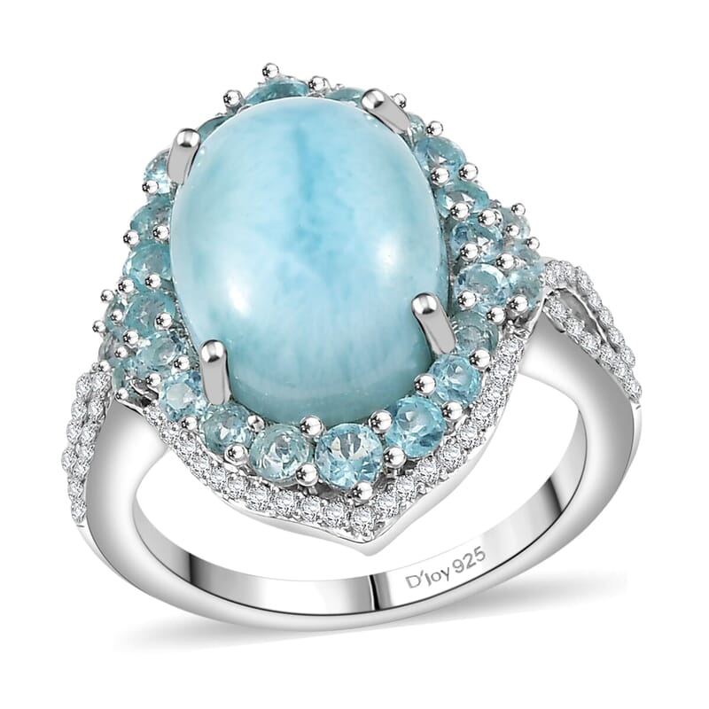 D'Joy Larimar and Multi Gemstone 8.50 ctw Serence Celestial Ring in Rhodium Over Sterling Silver (Size 10.0)